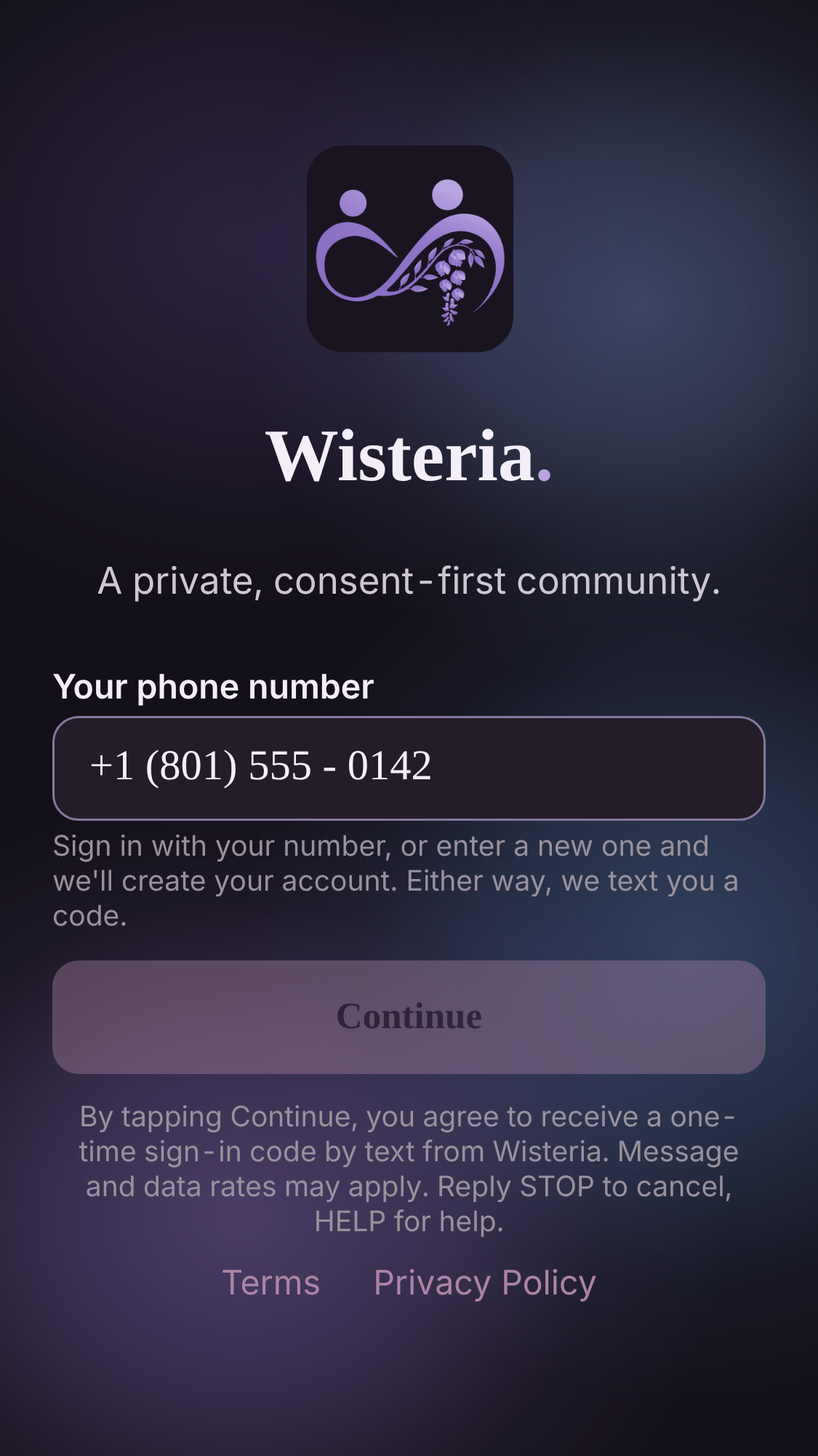 Wisteria app sign-in screen, showing the phone number field, the Continue button, and the SMS consent disclosure beneath it.